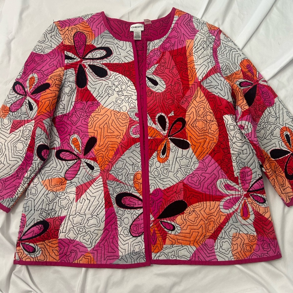 Chicos Sz 3  US 16/18 Women’s Heritage Quilted Jacket Pink Floral